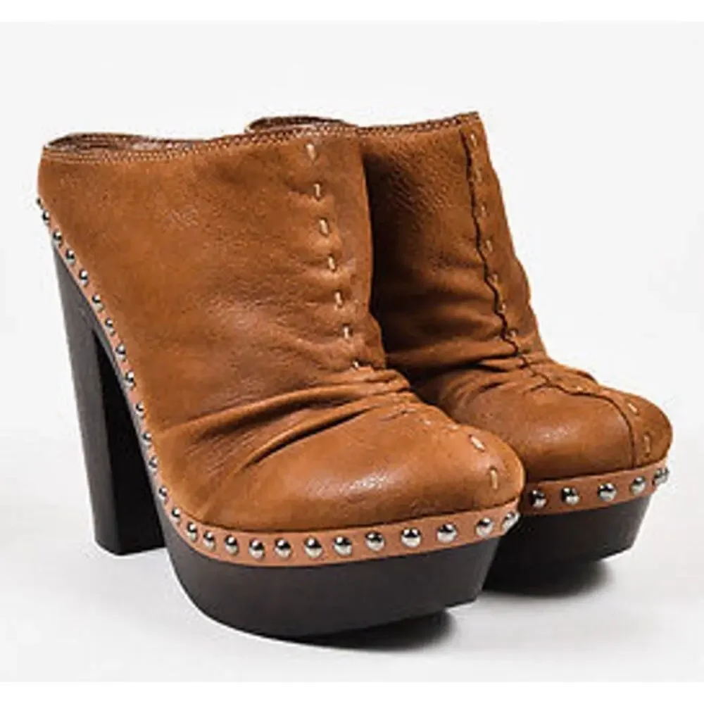 Miu Miu Brown Leather Cottage Studded Heeled Mules EU Size 37 / US 7